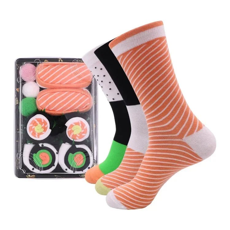 Avtoit | Sushi Mid-Calf Socks Gift Set – 3-Pair Harajuku Cotton Socks with Playful Pizza, Burger & Sushi Designs, Perfect for Christmas or Birthday Surprises