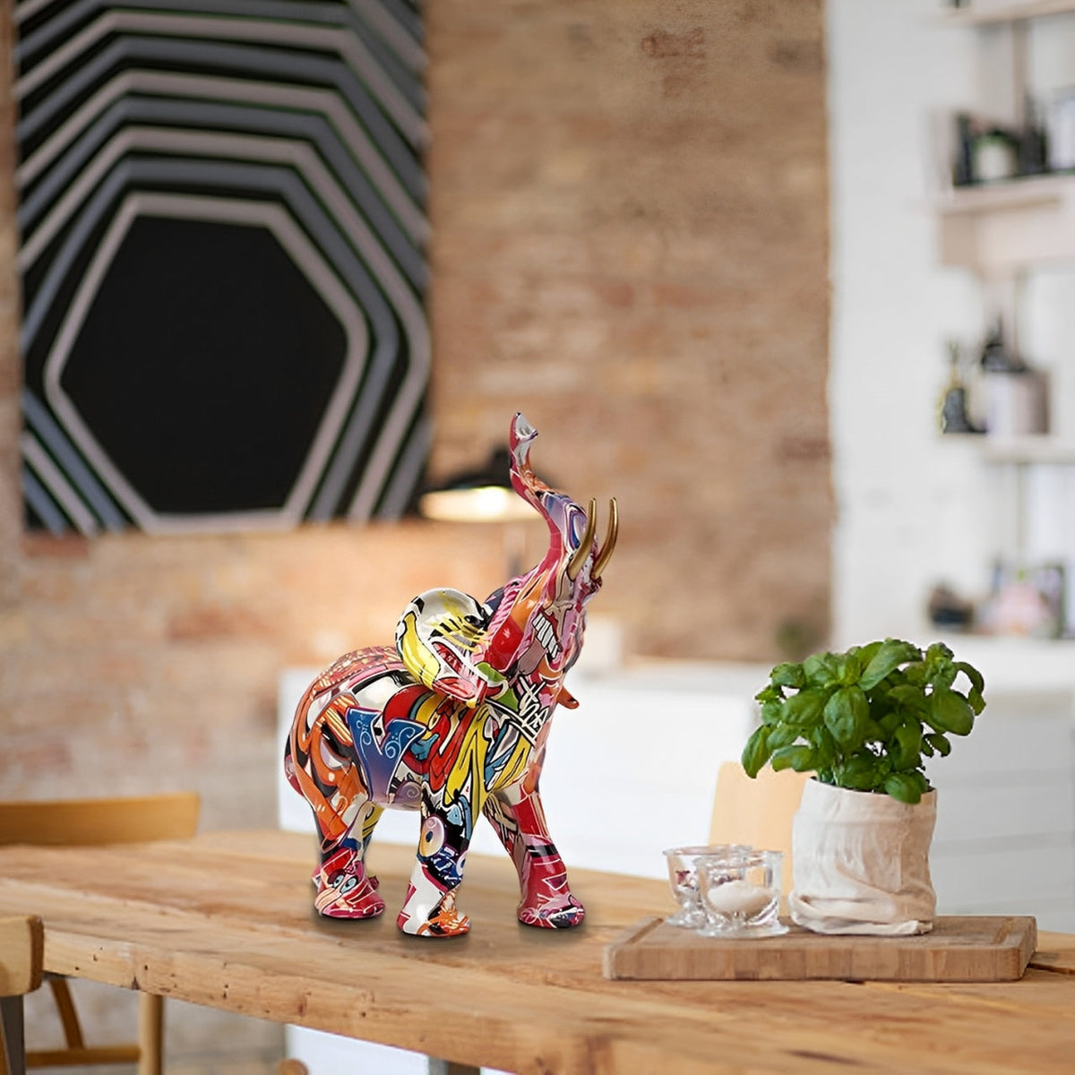 Avtoit | Abstract Elephant Statue – Colourful African Design with Raised Trunk for Good Luck