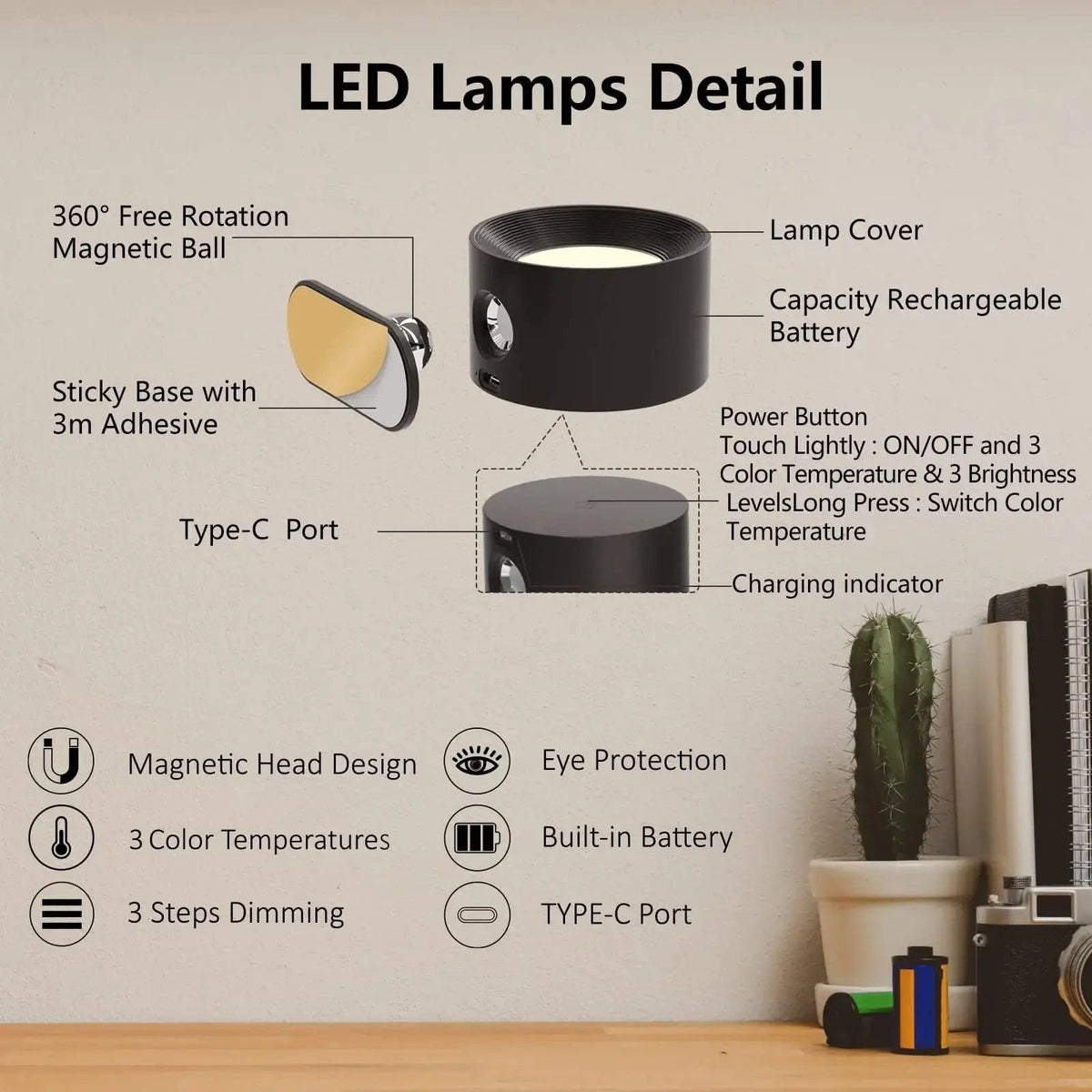 Avtoit | Battery Operated Wall Light | Rechargeable, 360° Adjustable & Wireless for Bedrooms, Hallways & Reading Corners